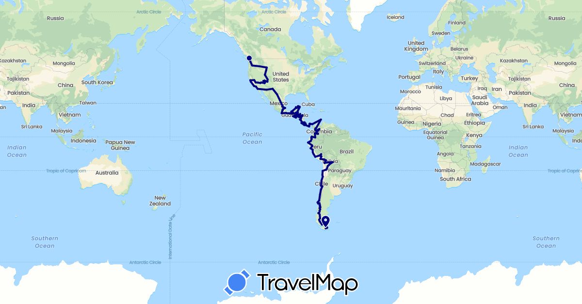 TravelMap itinerary: driving in Argentina, Bolivia, Belize, Canada, Chile, Colombia, Costa Rica, Ecuador, Guatemala, Honduras, Mexico, Nicaragua, Panama, Peru, El Salvador, United States (North America, South America)